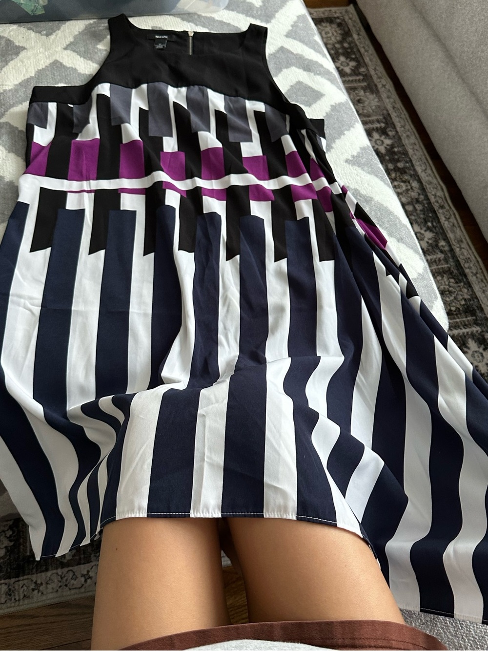 A-Line Striped Midi Skirt with Black, White and Purple Accent
